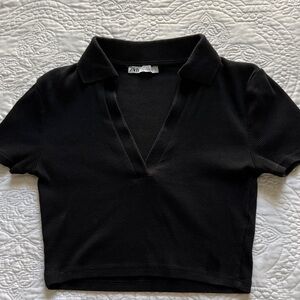 Zara Black V-Neck Collared Crop Top
